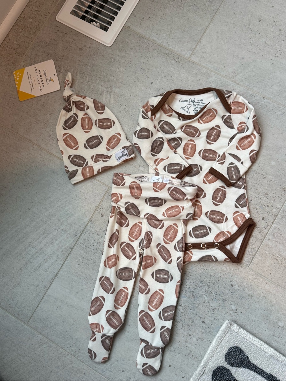 Copper Pearl Football Print 0-3 month set